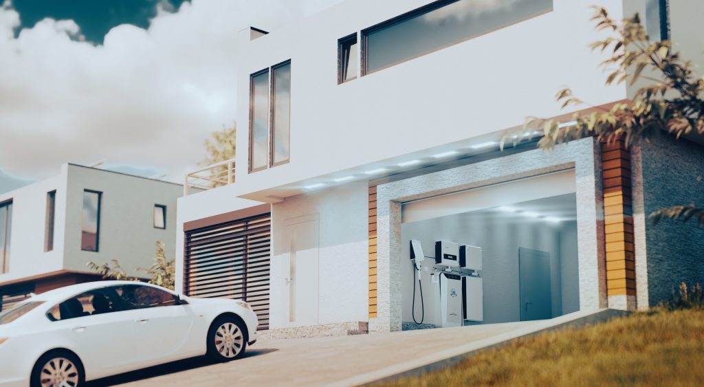 Moderne thuisbatterij aangesloten in een garage naast een elektrische auto, wat integrale energieopslag en oplaadmogelijkheden thuis illustreert.